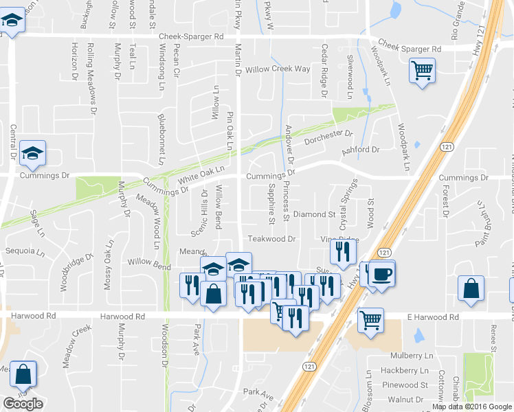 map of restaurants, bars, coffee shops, grocery stores, and more near 3113 Sugar Street in Bedford