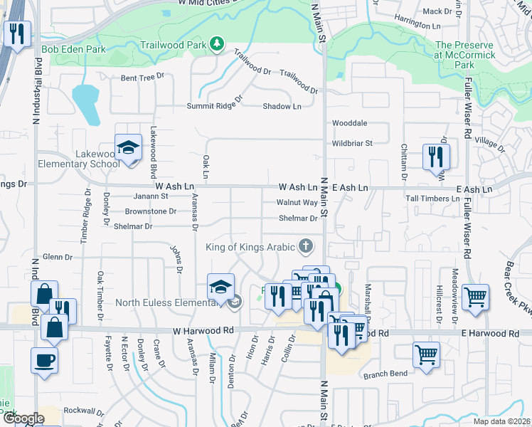 map of restaurants, bars, coffee shops, grocery stores, and more near 210 Shelmar Drive in Euless