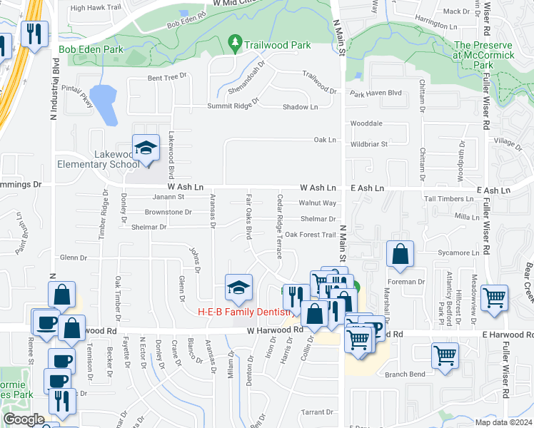 map of restaurants, bars, coffee shops, grocery stores, and more near 304 Shelmar Drive in Euless