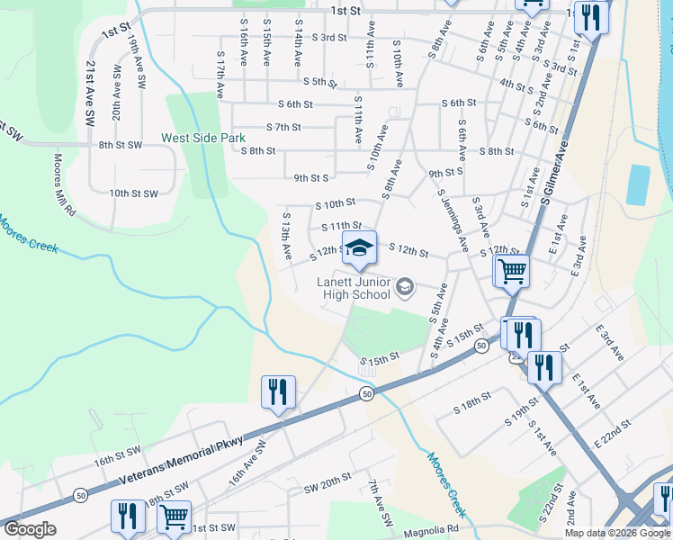 map of restaurants, bars, coffee shops, grocery stores, and more near 899 S 13th St in Lanett