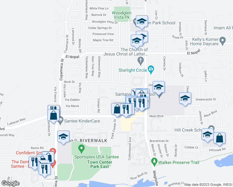 map of restaurants, bars, coffee shops, grocery stores, and more near 10168 Peaceful Court in Santee