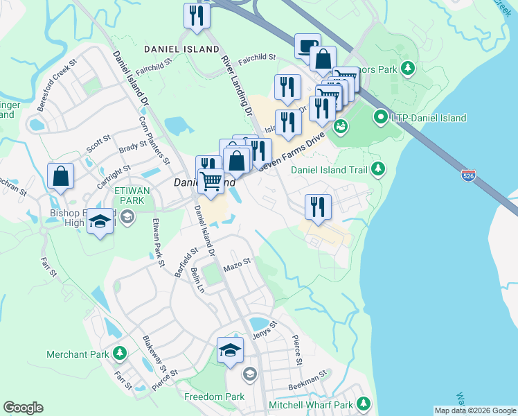 map of restaurants, bars, coffee shops, grocery stores, and more near 135 Pier View Street in Charleston
