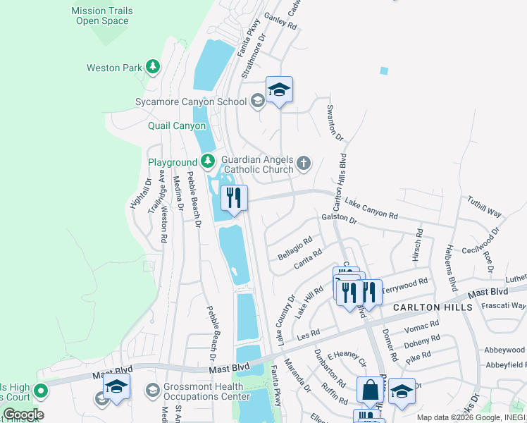 map of restaurants, bars, coffee shops, grocery stores, and more near 9842 Settle Court in Santee