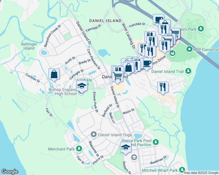 map of restaurants, bars, coffee shops, grocery stores, and more near 305 Seven Farms Drive in Charleston