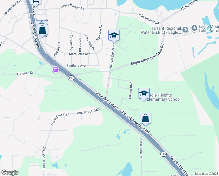 map of restaurants, bars, coffee shops, grocery stores, and more near 7460 Hanger Cutoff Road in Fort Worth