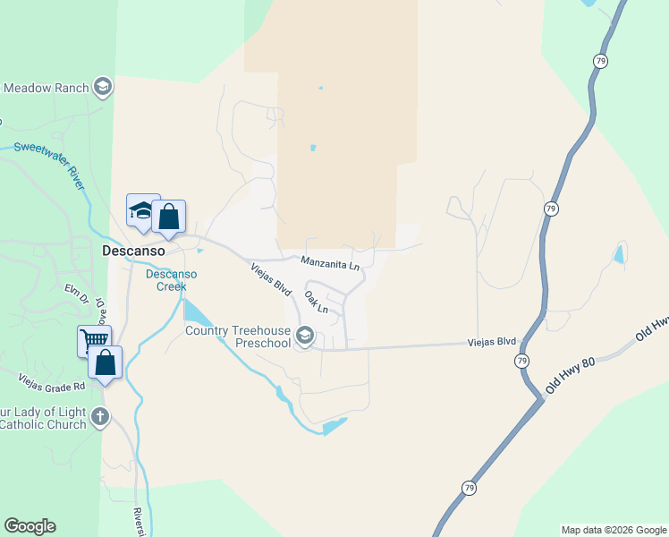 map of restaurants, bars, coffee shops, grocery stores, and more near 25131 Manzanita Lane in Descanso