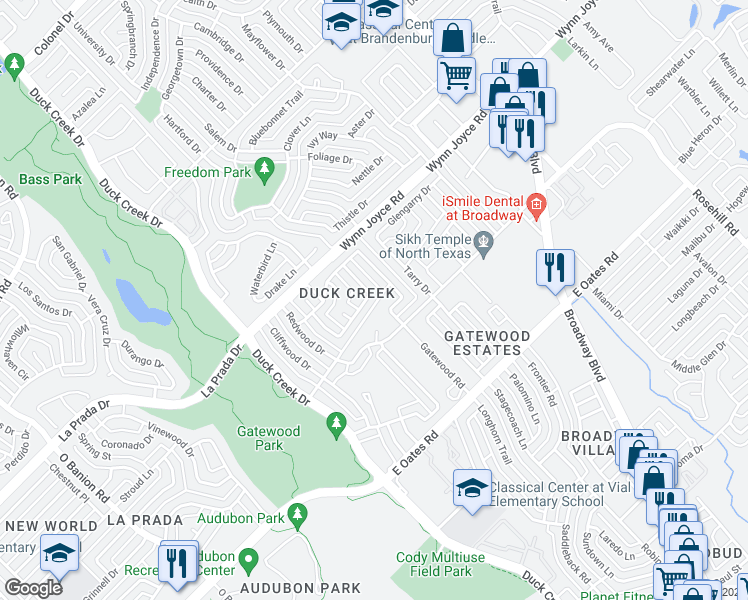 map of restaurants, bars, coffee shops, grocery stores, and more near 4739 Tealwood Circle in Garland