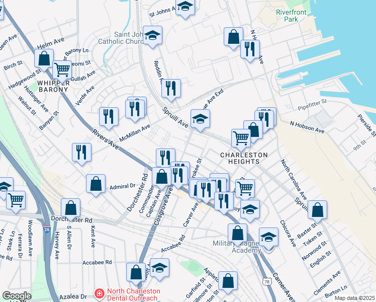 map of restaurants, bars, coffee shops, grocery stores, and more near 2003 Cosgrove Avenue in North Charleston
