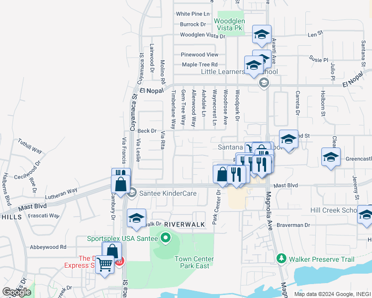 map of restaurants, bars, coffee shops, grocery stores, and more near 9969 Jill Street in Santee