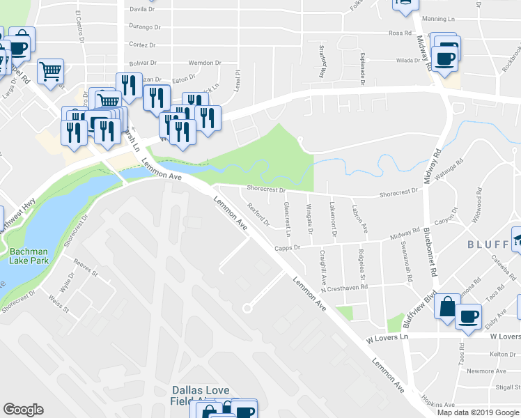 map of restaurants, bars, coffee shops, grocery stores, and more near 8756 Rexford Dr in Dallas