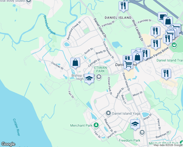 map of restaurants, bars, coffee shops, grocery stores, and more near 174 Proprietors Lane in Charleston