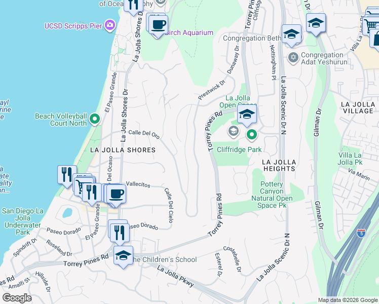 map of restaurants, bars, coffee shops, grocery stores, and more near 8330 Prestwick Drive in San Diego