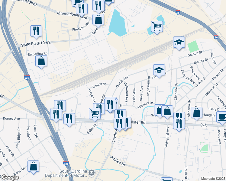 map of restaurants, bars, coffee shops, grocery stores, and more near 2639 Orchid Avenue in North Charleston