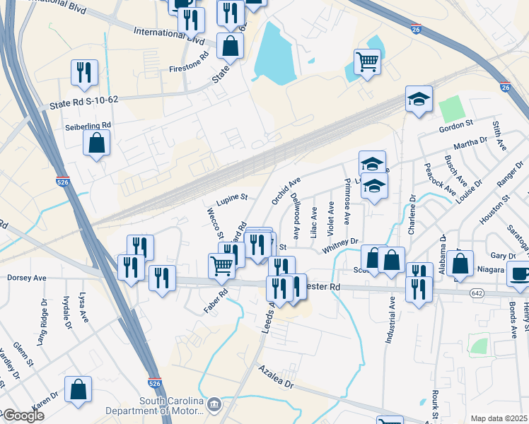 map of restaurants, bars, coffee shops, grocery stores, and more near 2639 Orchid Avenue in North Charleston