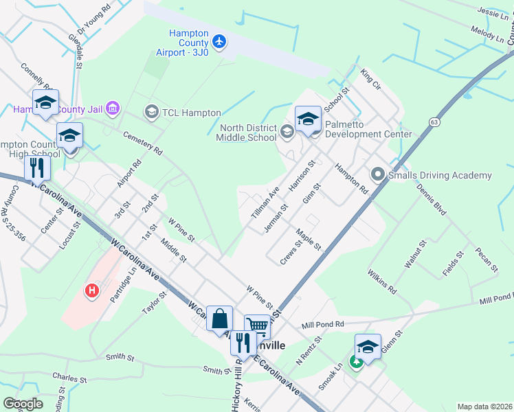 map of restaurants, bars, coffee shops, grocery stores, and more near 245 Tillman Avenue in Varnville