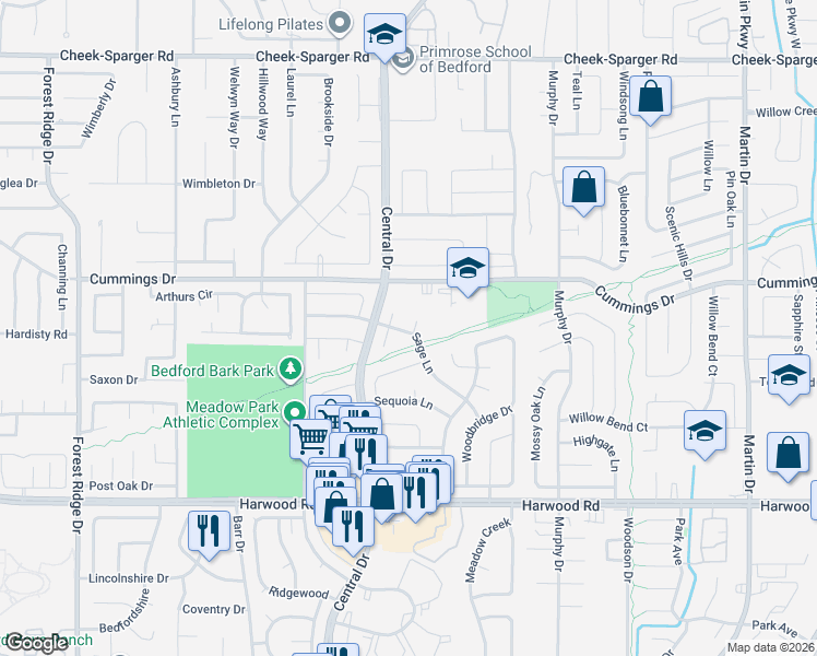 map of restaurants, bars, coffee shops, grocery stores, and more near 3308 South Sage Court in Bedford