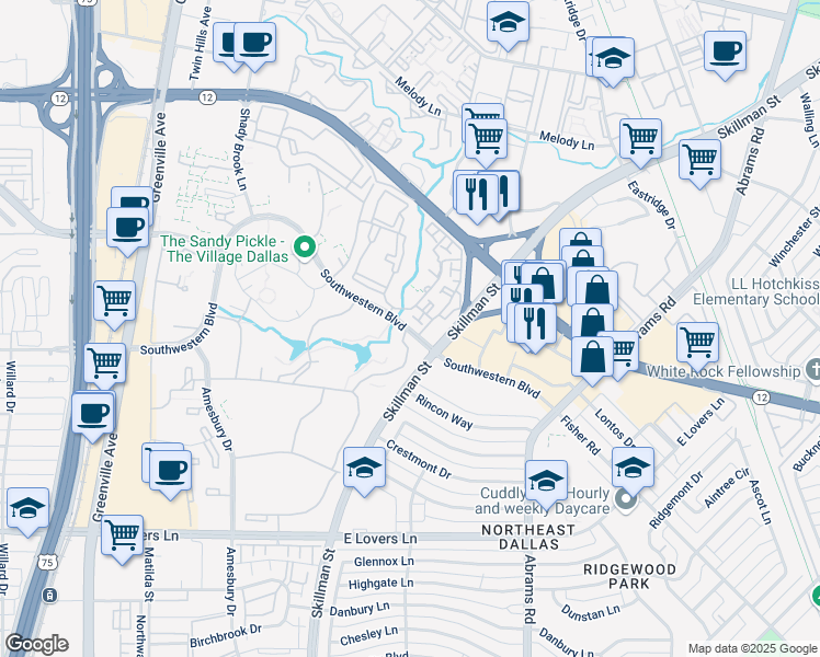 map of restaurants, bars, coffee shops, grocery stores, and more near 8730 Southwestern Boulevard in Dallas