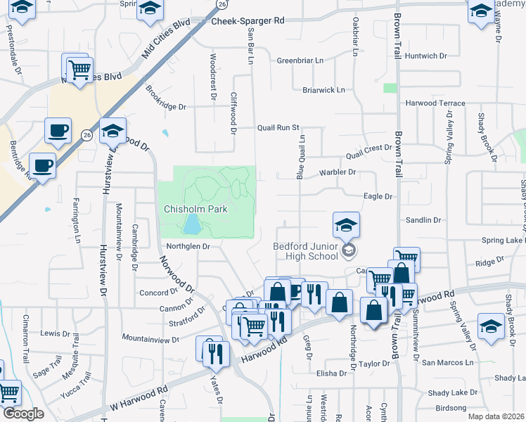 map of restaurants, bars, coffee shops, grocery stores, and more near 2222 San Bar Lane in Colleyville