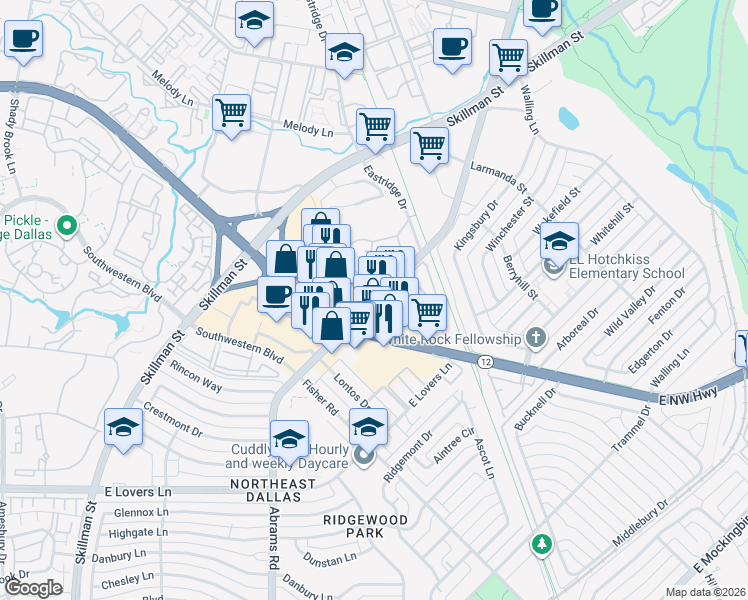 map of restaurants, bars, coffee shops, grocery stores, and more near 5934 Abrams Road in Dallas