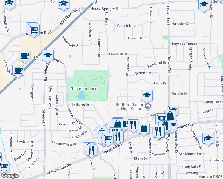 map of restaurants, bars, coffee shops, grocery stores, and more near 2222 San Bar Lane in Colleyville