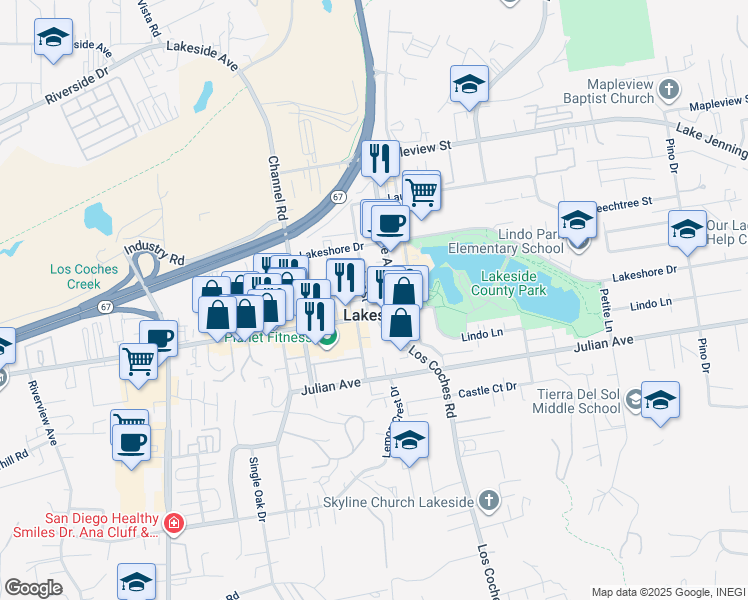map of restaurants, bars, coffee shops, grocery stores, and more near in Lakeside