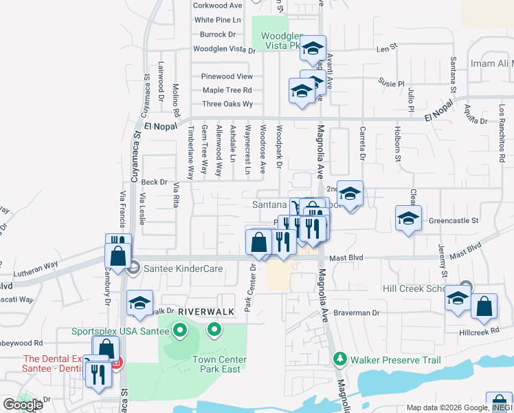 map of restaurants, bars, coffee shops, grocery stores, and more near 10152 Peaceful Court in Santee