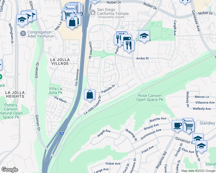 map of restaurants, bars, coffee shops, grocery stores, and more near 7188 Palmilla Drive in San Diego