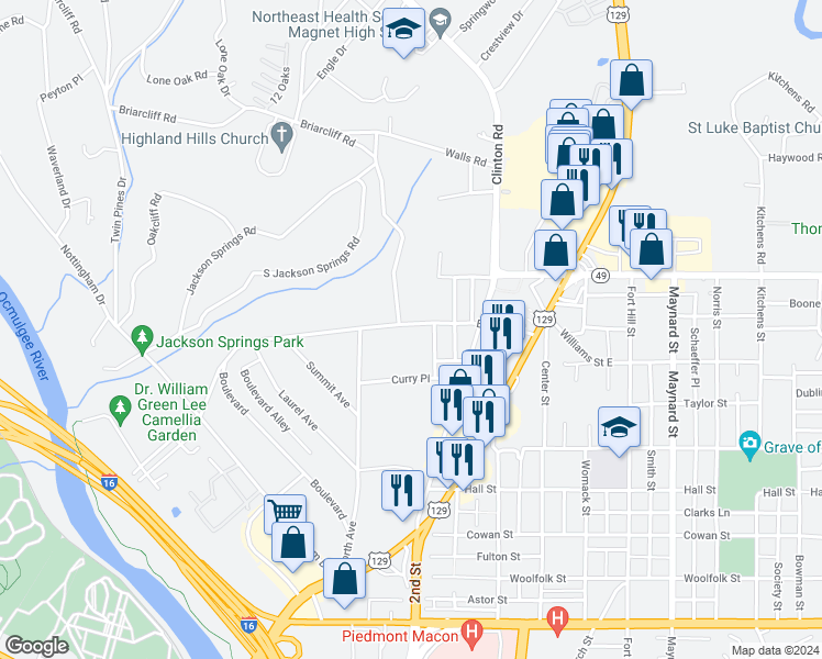 map of restaurants, bars, coffee shops, grocery stores, and more near 1078 Clay Avenue in Macon