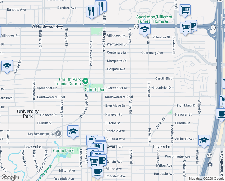 map of restaurants, bars, coffee shops, grocery stores, and more near 3318 Southwestern Boulevard in Dallas