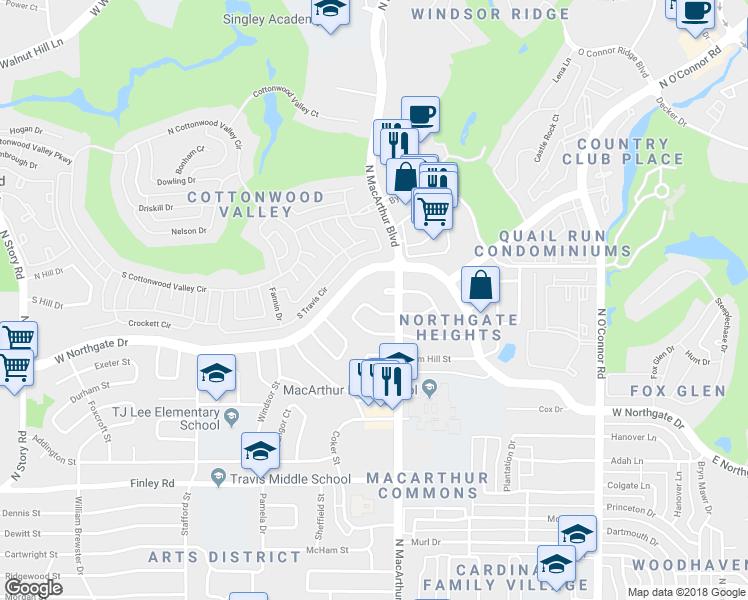 map of restaurants, bars, coffee shops, grocery stores, and more near 1115 South Gloucester Court in Irving