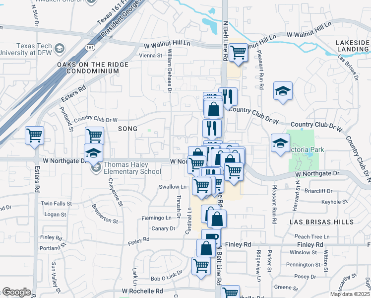 map of restaurants, bars, coffee shops, grocery stores, and more near 3505 West Northgate Drive in Irving