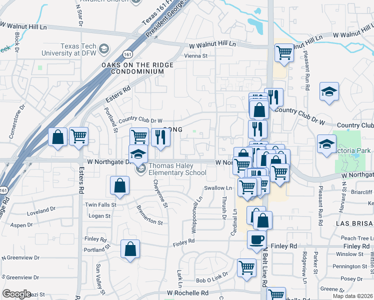 map of restaurants, bars, coffee shops, grocery stores, and more near 3703 West Northgate Drive in Irving