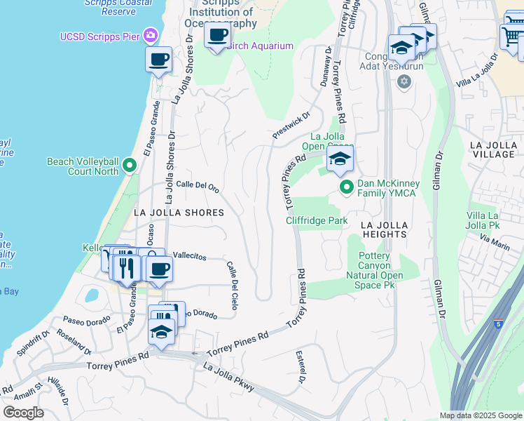 map of restaurants, bars, coffee shops, grocery stores, and more near 8330 Prestwick Drive in San Diego