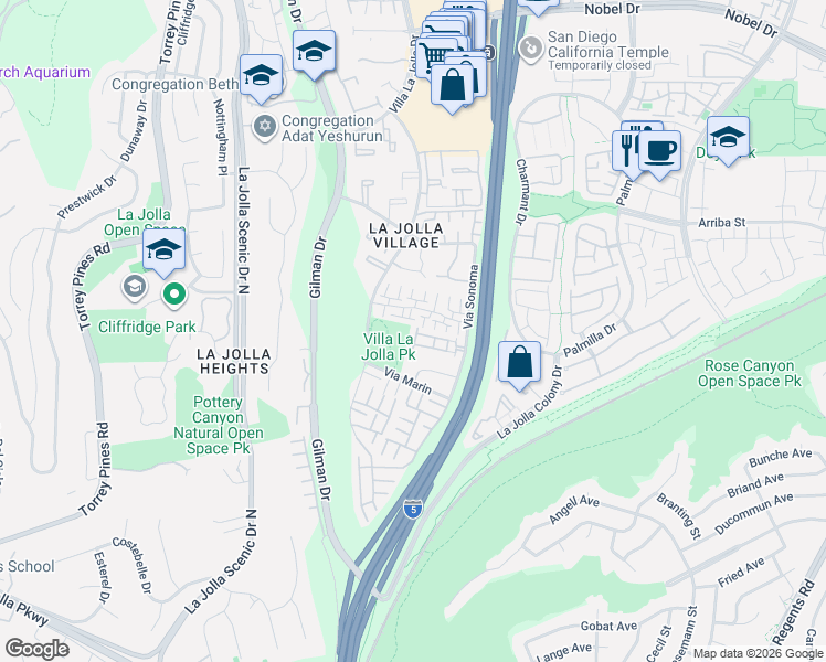 map of restaurants, bars, coffee shops, grocery stores, and more near 8370 Via Sonoma in San Diego