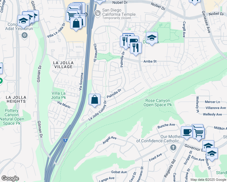 map of restaurants, bars, coffee shops, grocery stores, and more near 7188 Palmilla Drive in San Diego