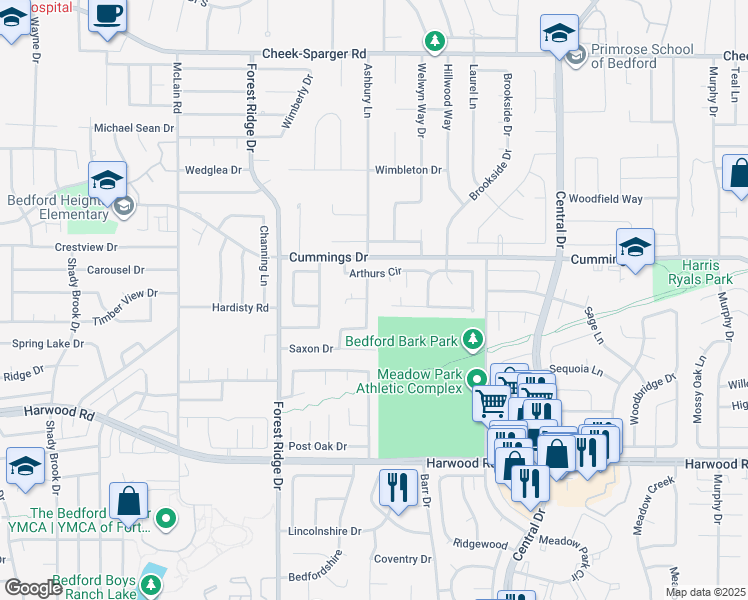 map of restaurants, bars, coffee shops, grocery stores, and more near 3409 Norman Lane in Bedford
