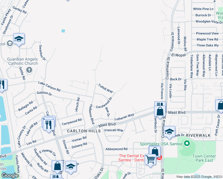 map of restaurants, bars, coffee shops, grocery stores, and more near 9562 Tuthill Way in Santee