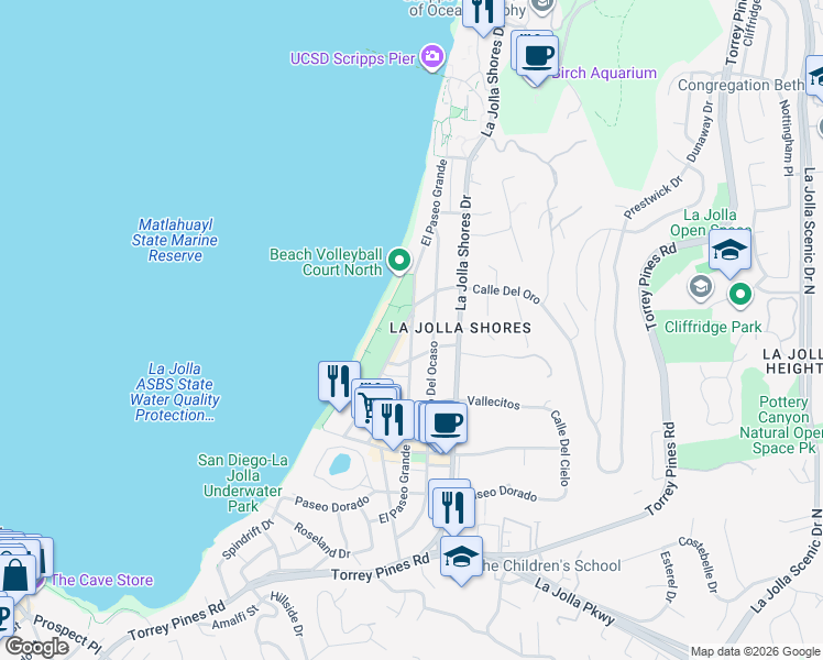 map of restaurants, bars, coffee shops, grocery stores, and more near El Paseo Grande in San Diego