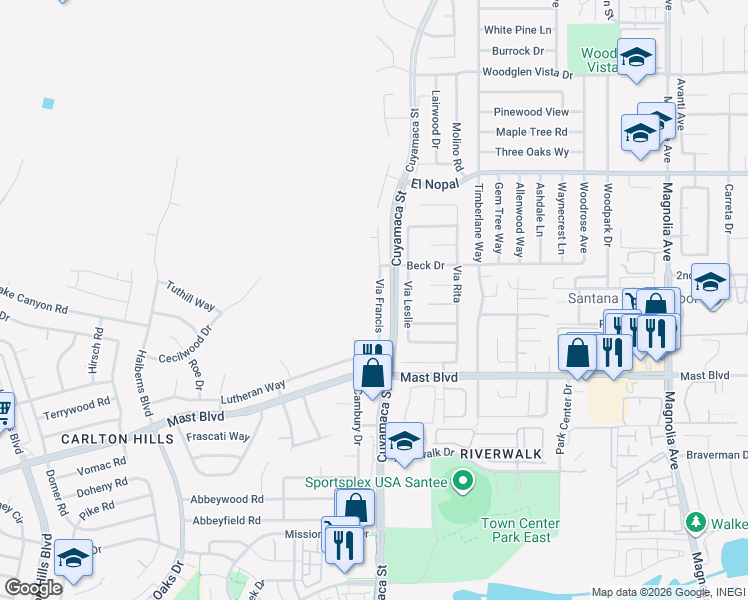 map of restaurants, bars, coffee shops, grocery stores, and more near 9922 Via Francis in Santee