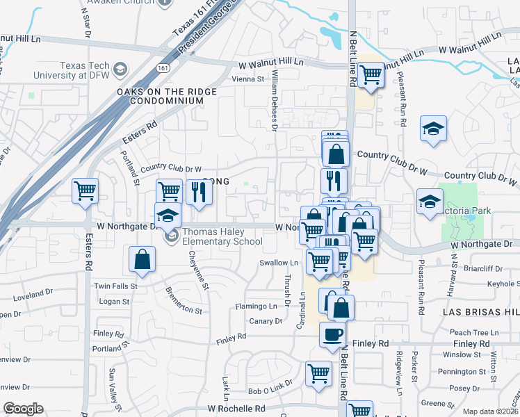 map of restaurants, bars, coffee shops, grocery stores, and more near 3649 West Northgate Drive in Irving