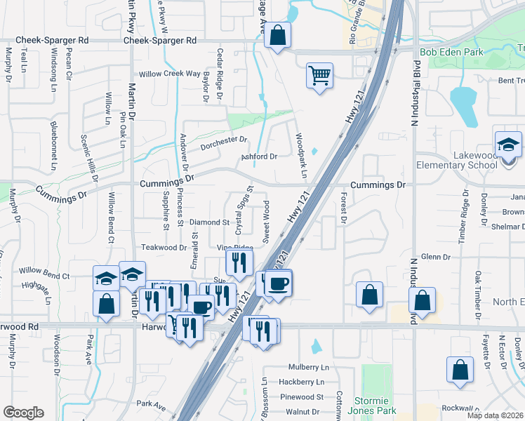 map of restaurants, bars, coffee shops, grocery stores, and more near 3520 Sweet Wood in Bedford