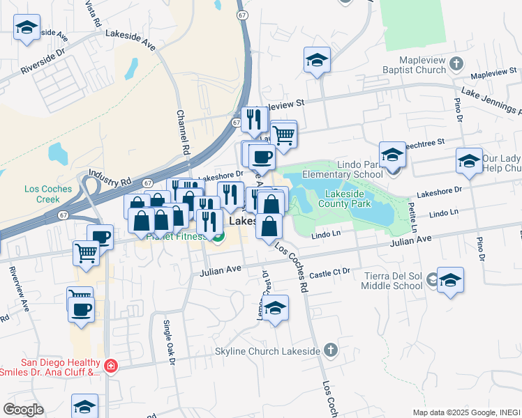 map of restaurants, bars, coffee shops, grocery stores, and more near in Lakeside