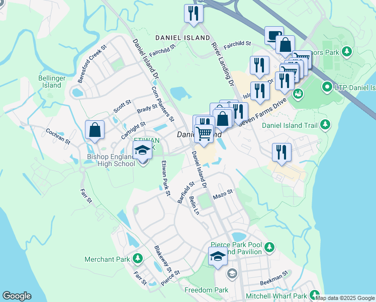 map of restaurants, bars, coffee shops, grocery stores, and more near 305 Seven Farms Drive in Charleston