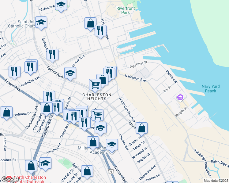 map of restaurants, bars, coffee shops, grocery stores, and more near 3231 North Carolina Avenue in North Charleston