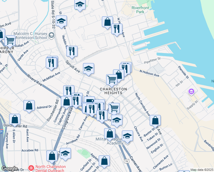 map of restaurants, bars, coffee shops, grocery stores, and more near in North Charleston