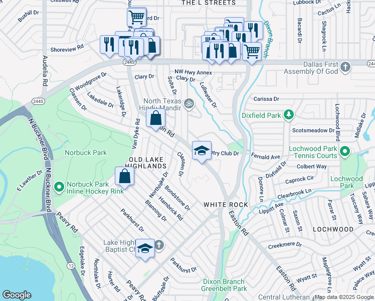 map of restaurants, bars, coffee shops, grocery stores, and more near 443 Easton Road in Dallas