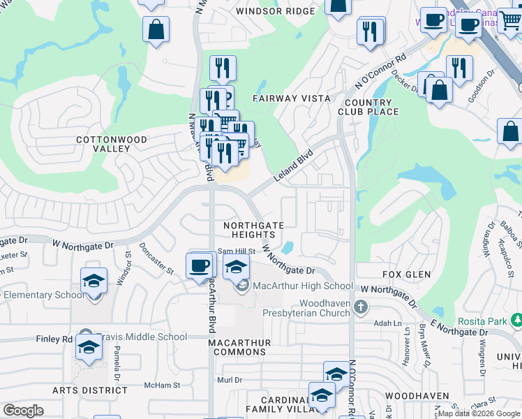 map of restaurants, bars, coffee shops, grocery stores, and more near 804 Danfield Court in Irving