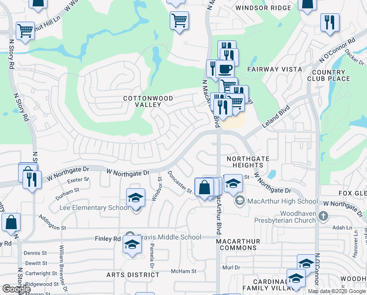 map of restaurants, bars, coffee shops, grocery stores, and more near 1226 West Northgate Drive in Irving