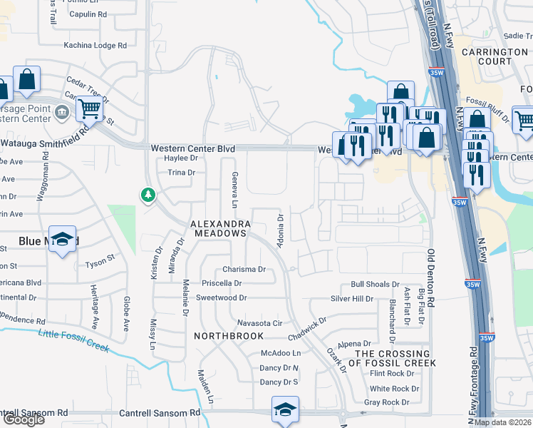 map of restaurants, bars, coffee shops, grocery stores, and more near 6240 Geneva Lane in Fort Worth