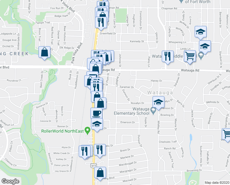 map of restaurants, bars, coffee shops, grocery stores, and more near 6075 Lalagray Lane in Watauga